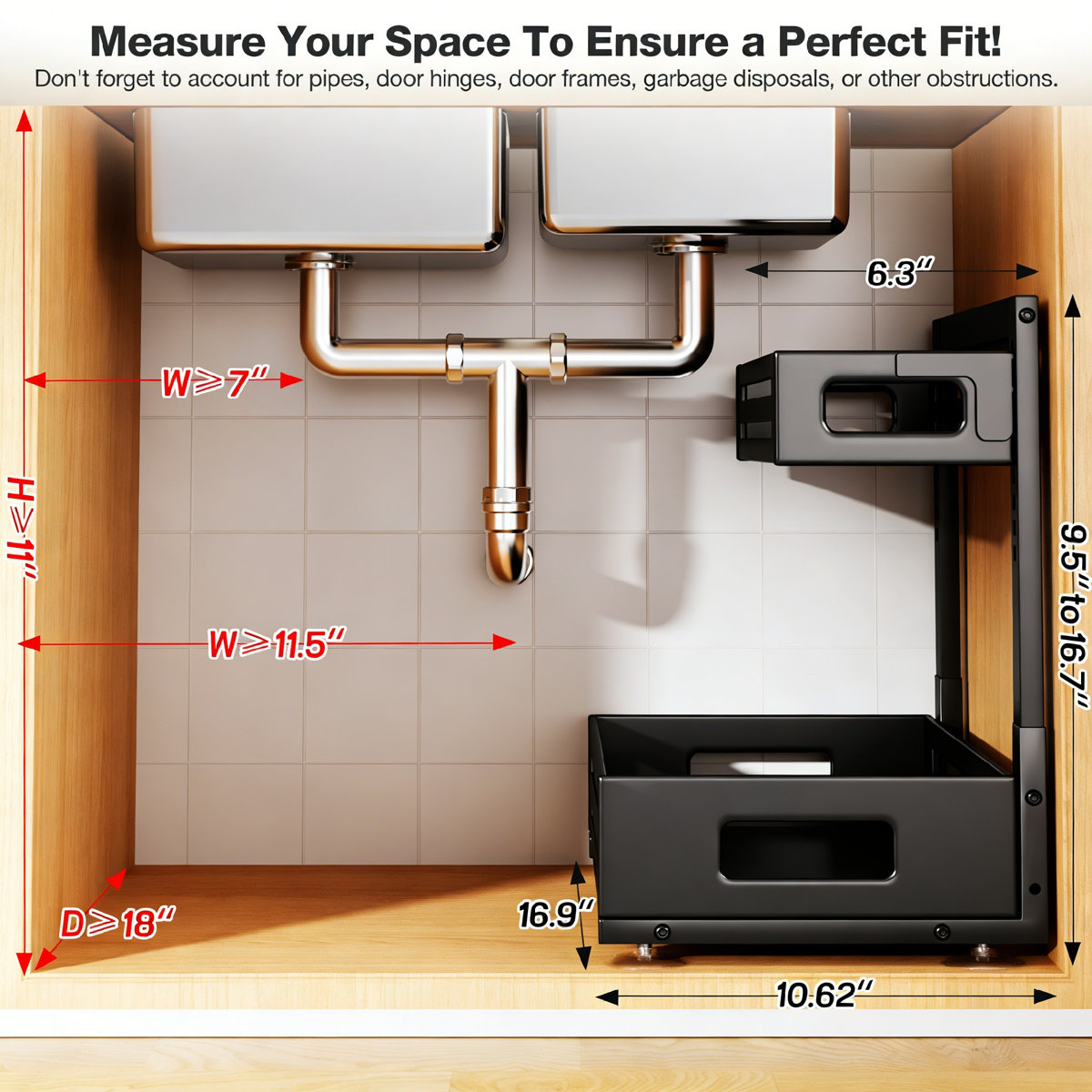 Pull-Out Under Sink Organizer, 17IN Depth, 8-Level Height Adjustable Metal Drawer, Black, 2-Pack